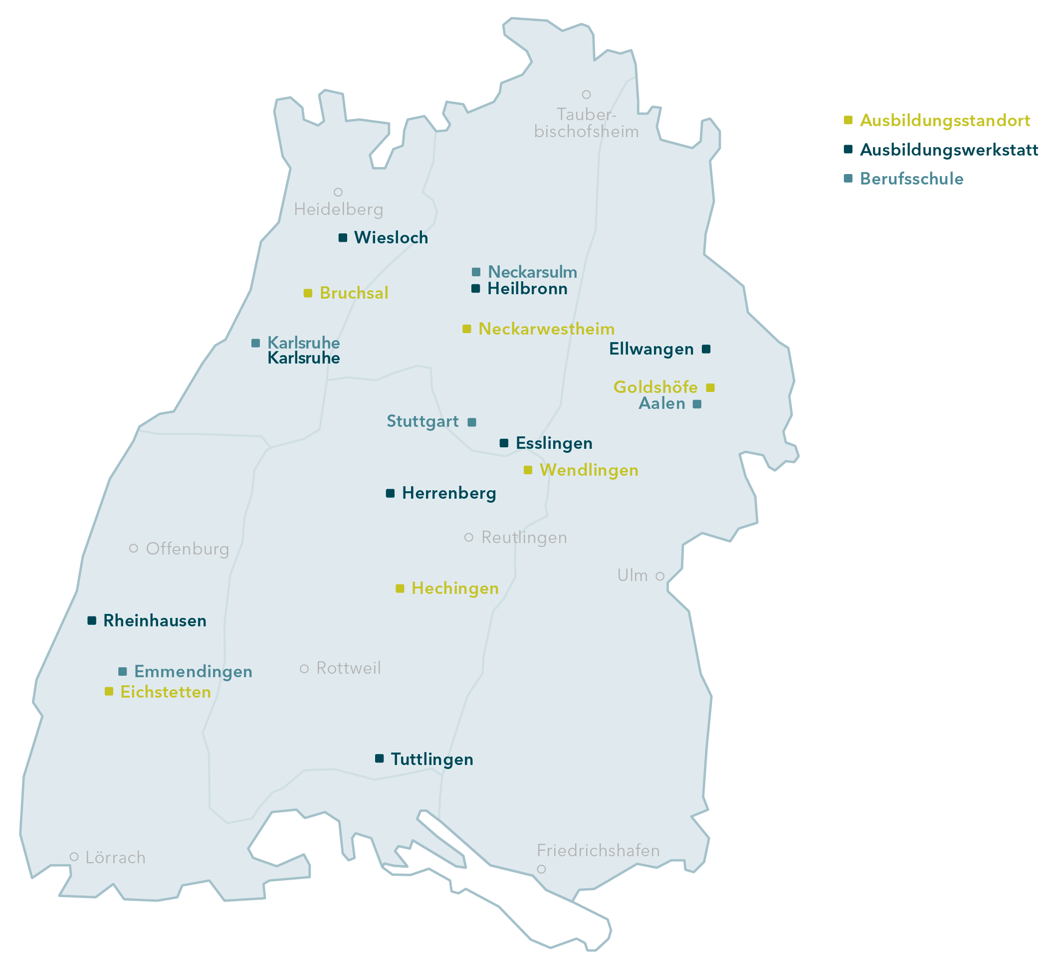 Landkarte Ausbildungsstandorte TransnetBW